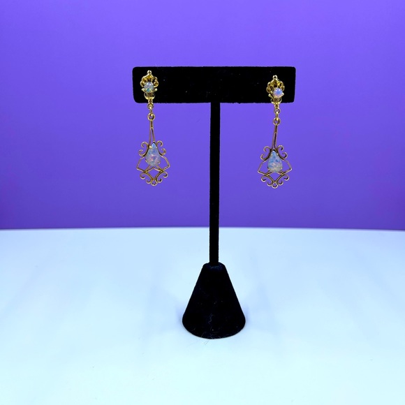 Vintage Y2K Ornate Opal Dangle Screw Back Earrings